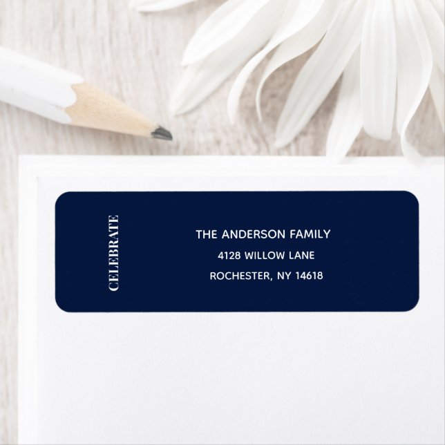 Minimal CELEBRATE | Navy Blue Holiday Address Returadress Etikett (Insitu)