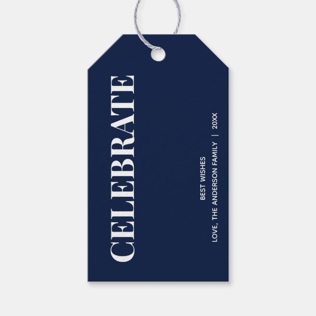 Minimal CELEBRATE | Navy Blue Holiday Presentetikett (Framsidan)