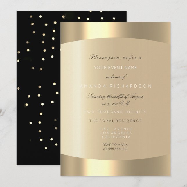 Minimal Champagne Guld Svart Konfetti Sepia Elfenb Inbjudningar (Fram/baksida)