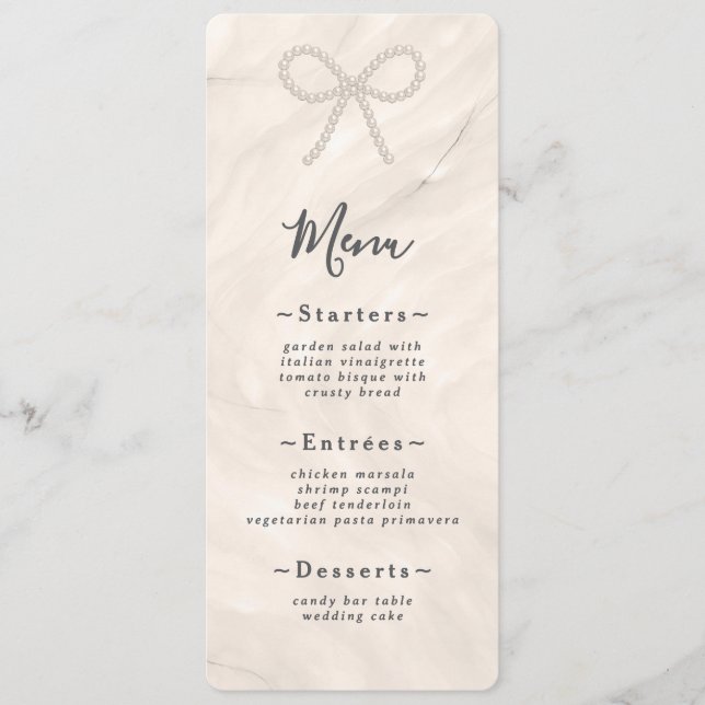 Minimal Champagne Pearl Bow Wedding Reception Meny (Framsida)