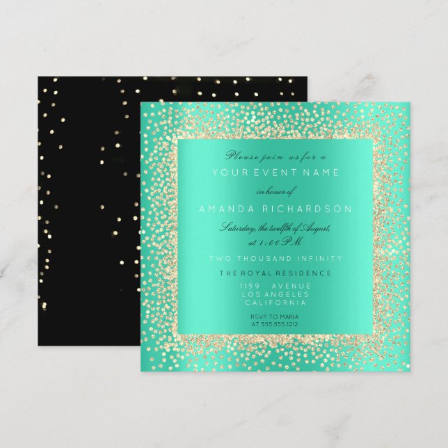 Minimal Champaigne Guld Black Confetti Mint Aqua Inbjudningar (Fram/baksida)