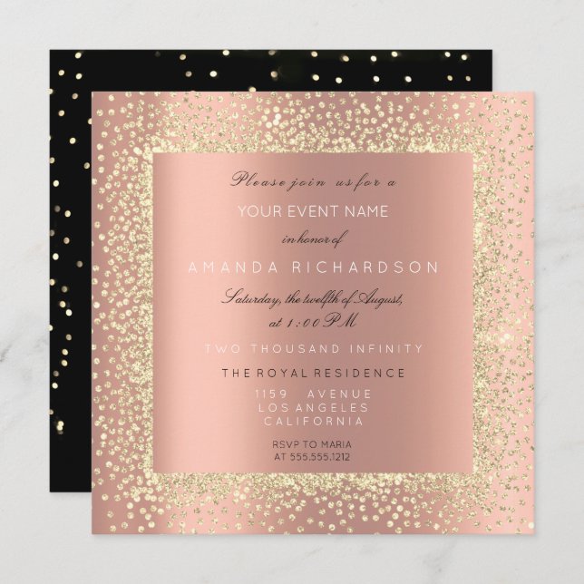 Minimal Champaigne Guld Black Confetti Ro Peach Inbjudningar (Fram/baksida)
