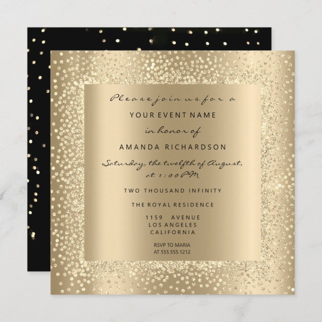 Minimal Champaigne Guld Black Confetti Sepia Glam Inbjudningar (Fram/baksida)