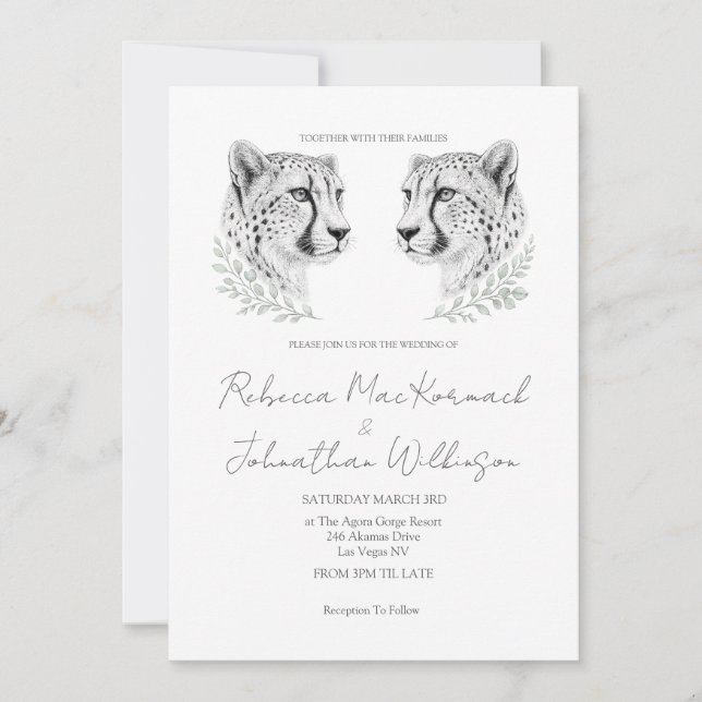 Minimal Cheetah Chic Svart Skrift Stor Katt Bröllo Inbjudningar (Framsida)