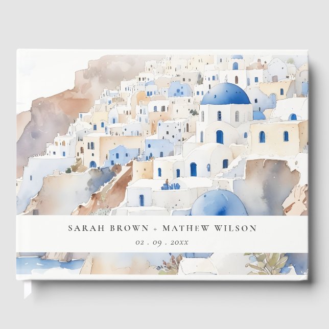 Minimal Chic Santorini Greece Watercolor Bröllop Gästböcker (Framsida)