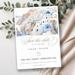 Minimal Chic Santorini Greece Watercolor Bröllop Spara Datumet