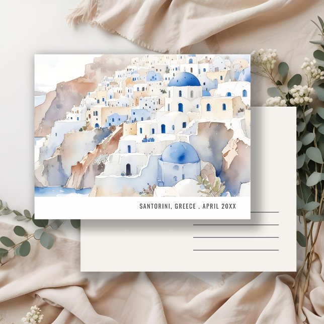 Minimal Chic Santorini Grekland Akvarell Resa Vykort (Skapare uppladdad)