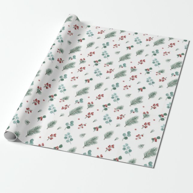 Minimal Christmas Pattern, Pine & Berries  Presentpapper (Utrullad)