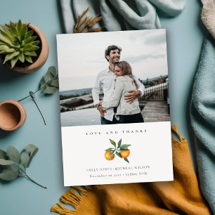 Minimal Citrus Orange Boho Botanical Bröllop Photo Tack Kort