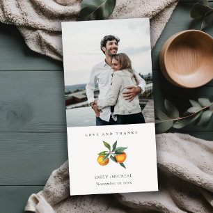 Minimal Citrus Orange Boho Botanical Bröllop Photo Tack Kort