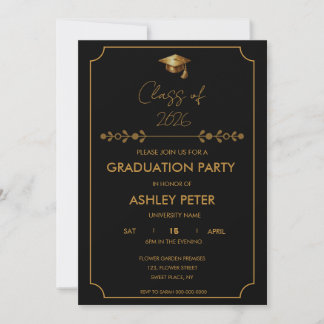 Minimal Classy Black & Gold Grad Party Invitation Inbjudningar