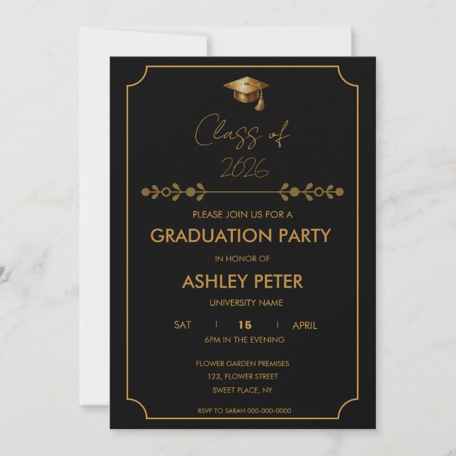 Minimal Classy Black & Gold Grad Party Invitation Inbjudningar (Framsida)