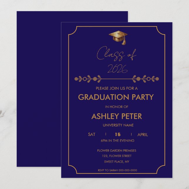 Minimal Classy Blue Grad Party Invitation Inbjudningar (Fram/baksida)