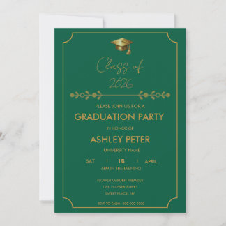 Minimal Classy Green & Gold Grad Party Invitation Inbjudningar
