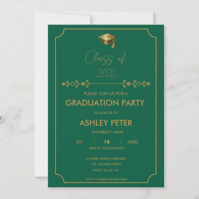 Minimal Classy Green & Gold Grad Party Invitation Inbjudningar (Framsida)