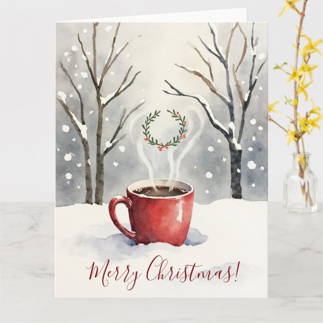Minimal Cozy Mug Watercolor Christmas Art Kort (Gul blomma)