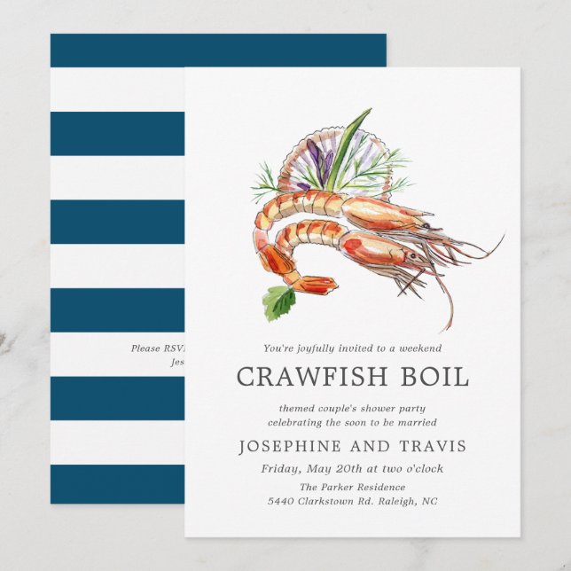 Minimal crawfish kokning par duschafer havsrand ra inbjudningar (Fram/baksida)