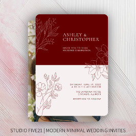 Minimal Crimson Red Foliage Outline Photo Bröllop Inbjudningar