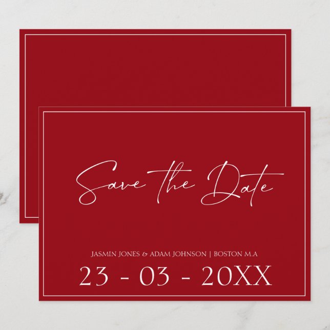 Minimal Crimson Red Script Bröllop spara datum Datumet (Fram/baksida)