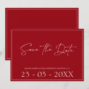 Minimal Crimson Red Script Bröllop spara datum Datumet