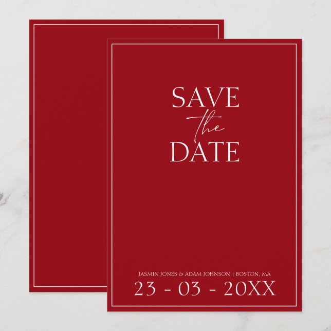 Minimal Crimson Red Script Bröllop spara datum Datumet (Fram/baksida)