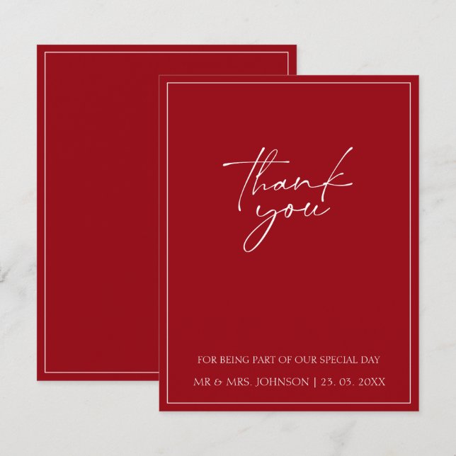 Minimal Crimson Red Script Typography Bröllop Tack Kort (Fram/baksida)