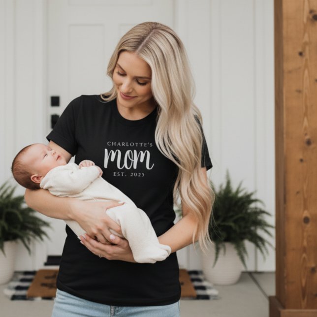 Minimal Custom Child Name New Mom Established Date T Shirt (minimal black and white custom childs name mom established tshirt gift for new moms mother's day)