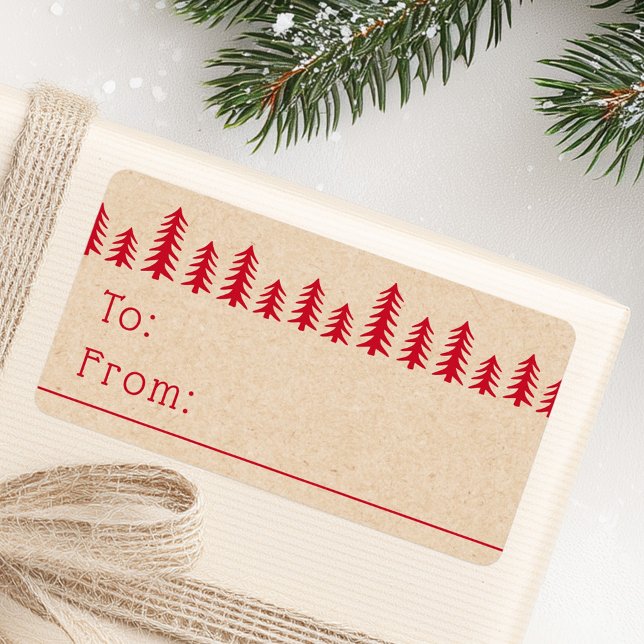 Minimal cute Christmas trees red Kraft print Adressetikett (Minimal cute Christmas trees red Kraft print Label)