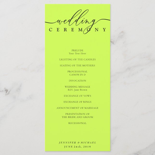 Minimal Cyber Lime Jet Black Wedding Ceremony Program (Framsida)