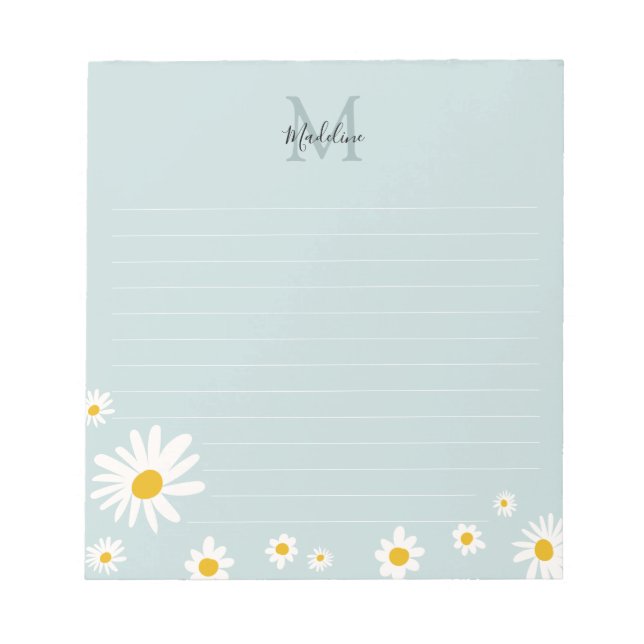 Minimal Daisy Blomma Teal Skript Monogram Linjerad Anteckningsblock (Framsida)