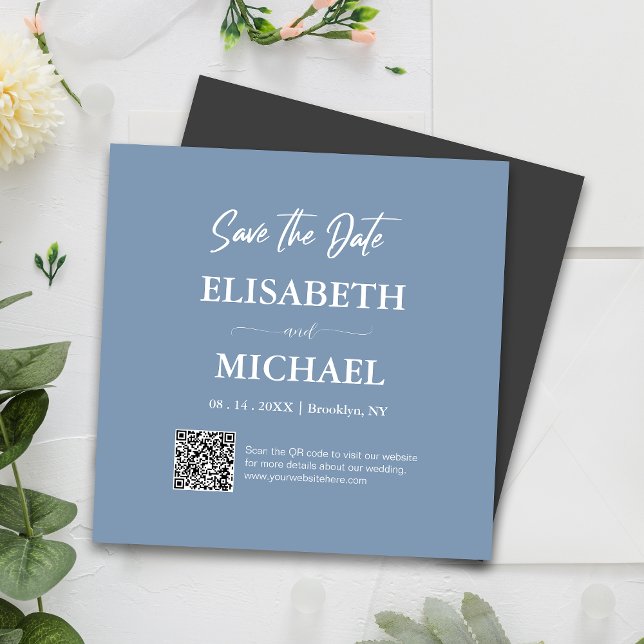 Minimal dammblå Spara datum QR-koden Bröllop Magnetisk Inbjudningskort (Magnetic invites stick to any metal, ensuring guests remember your special day with ease.)