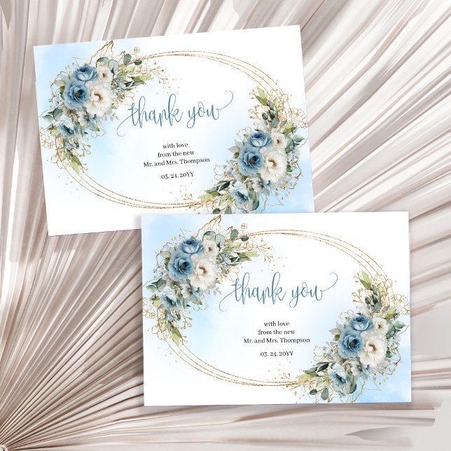 Minimal dammig blå guld bröllop tackkort tack kort (Minimal Dusty Blue Gold Wedding thank you card)