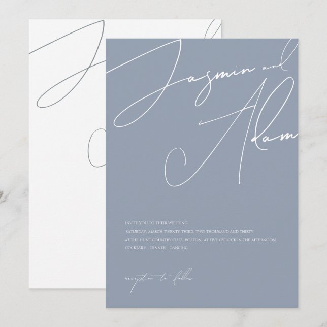 Minimal dammig blå skript typografi bröllop inbjudningar (Fram/baksida)