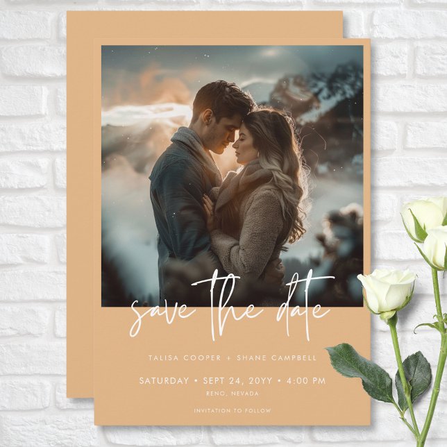 Minimal dammsuga persisk modern foto Bröllop Spara Datumet (Minimal Dusty Peach Modern Photo Wedding Save The Date)