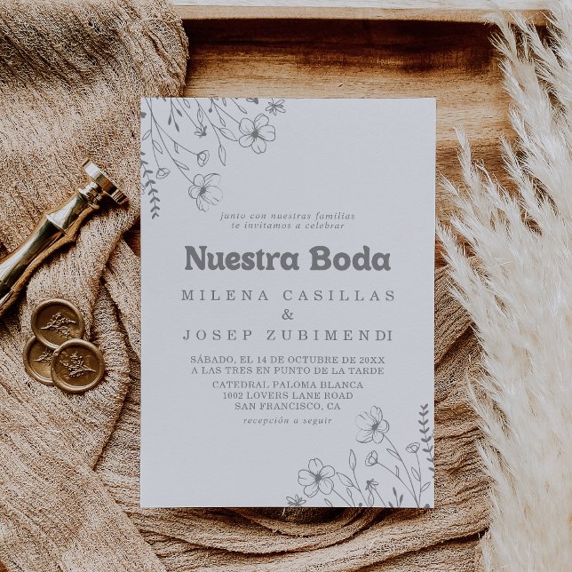 Minimal dämpad grå vildblomma Nuestra Boda bröllop Inbjudningar (Skapare uppladdad)