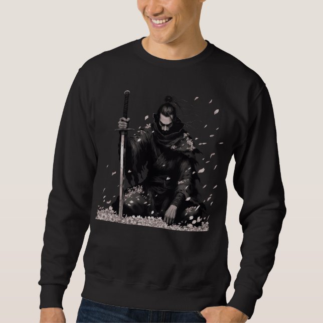 Minimal Dark Samurai Krigare med Sakura Kronblad J Lång Ärmad Tröja (Framsida)