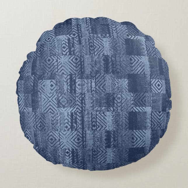 Minimal Denim Abstrakt Memphis Patchwork Rund Kudde (Framsidan)