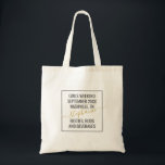 Minimal design för personlig Girls Helg Resa Tygkasse<br><div class="desc">Personlig Girls Helg Resa Anpassningsbar Tote Bag med minimal textdesign i ruta med redigerbar ordalydelse med datum,  destination eller plats,  namn och roligt citat som "besties,  buds och Drycker" så att du kan skapa din egen roligt och användbara keepsaké för din bestie-resepaton,  eller bridesmaider eller reskompisgrupp.</div>