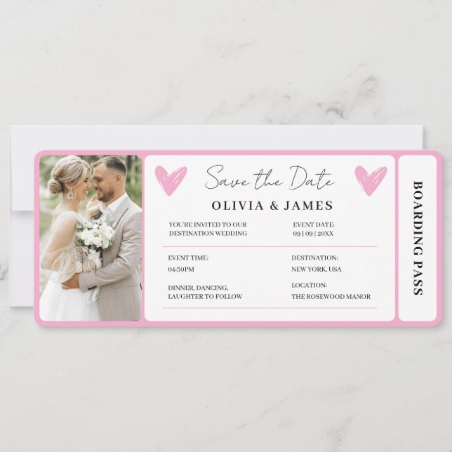 Minimal Destination Wedding Boarding Pass Invite Inbjudningar (Framsida)