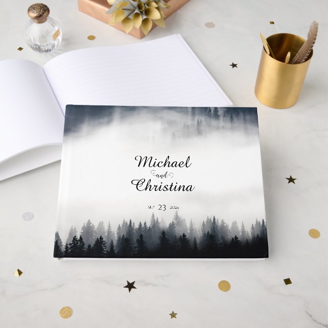 Minimal dimmig gran skog naturlig vigsel gästböcker (Framsida Öppen)
