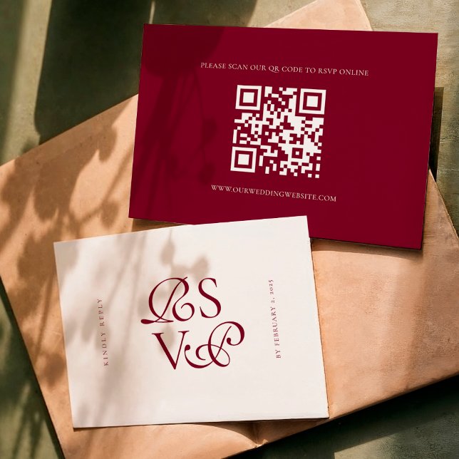 Minimal djup burgunderröd script QR-kod bröllop OSA Kort (Skapare uppladdad)