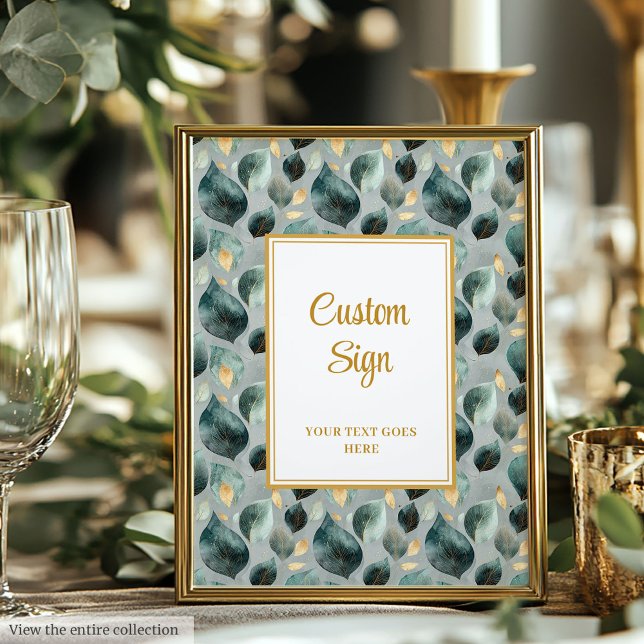 Minimal djup Grönt Guld Eucalyptus Bröllop Anpassn Poster (Minimal Deep Green Gold Eucalyptus Wedding Custom Sign)