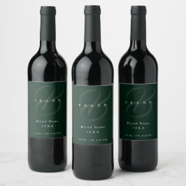 Minimal Djup Skoggrön Elegant Monogram Företag Vinflaska Etikett
