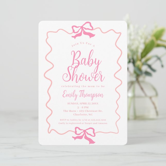 Minimal Doodle Rosa Coquette Bow Girl Baby Shower Inbjudningar (Stående Fram)