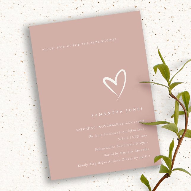 Minimal Dusky Ro Rosa Heart Baby Shower Inbjudan (Skapare uppladdad)