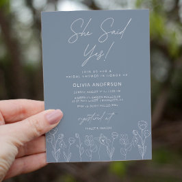 Minimal Dusty Blue Blommigt Inbjudningskort för mö