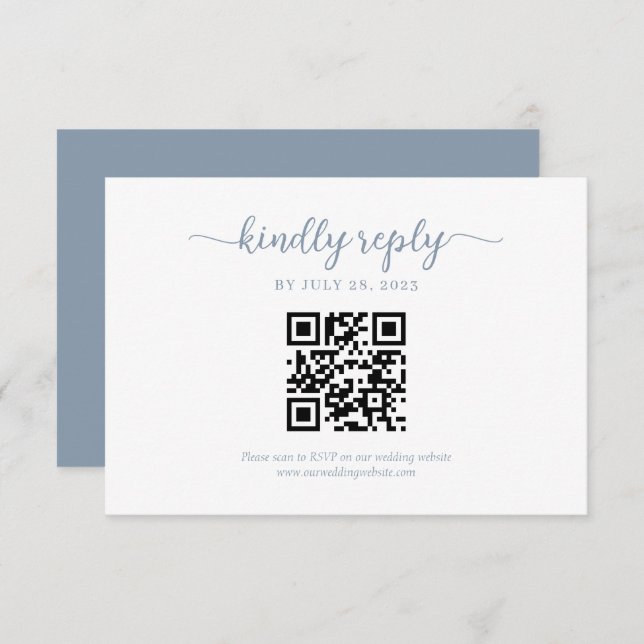 Minimal Dusty Blue Blommigt Monogram QR-kod Bröllo OSA Kort (Fram/baksida)