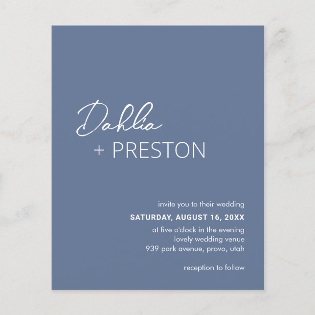 Minimal Dusty Blue Modern Budget Wedding-inbjudan Flygblad (Framsidan)