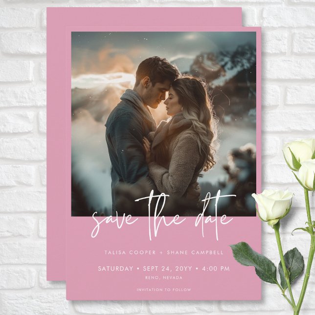 Minimal Dusty Ro Rosa Modern Photo Bröllop Spara Datumet (Minimal Dusty Rose Pink Modern Photo Wedding Save The Date)
