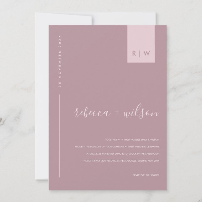 MINIMAL DUSTY RO ROSA TYPOGRAPHY BRÖLLOP INVITAT INBJUDNINGAR (Framsida)